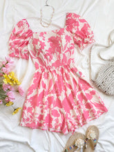 Holiday Women's Floral Print Square Neck Puff Sleeve Cinched Waist Jumpsuit